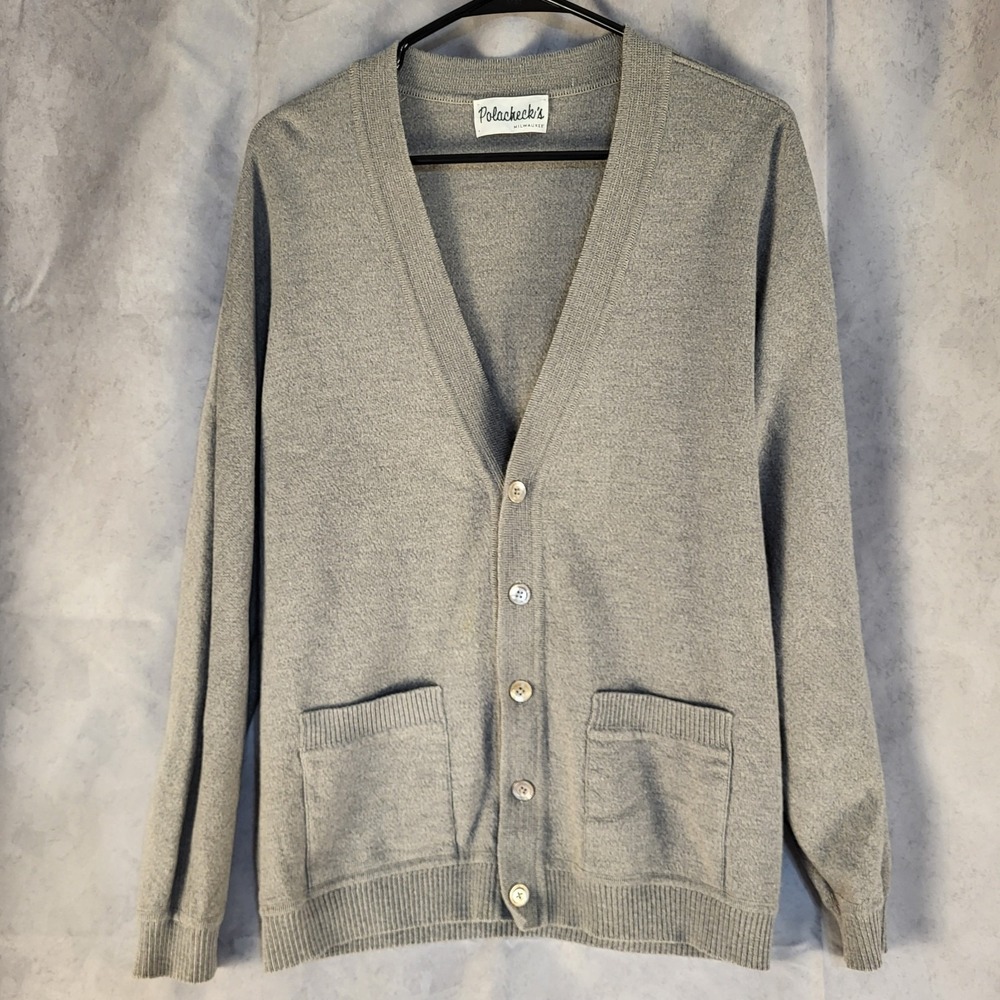 Vintage Mens L Polacheck's Milwaukee Grey Wool Button Down Cardigan